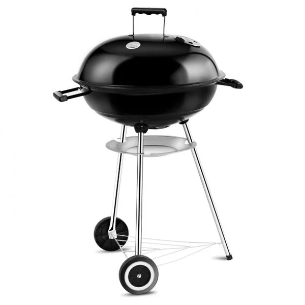 Barbecue Charbon de Bois Rond Mobile Grill avec Couvercle et Roulettes en Émail Fer Acier, 57 x 57 x 98 cm, Noir