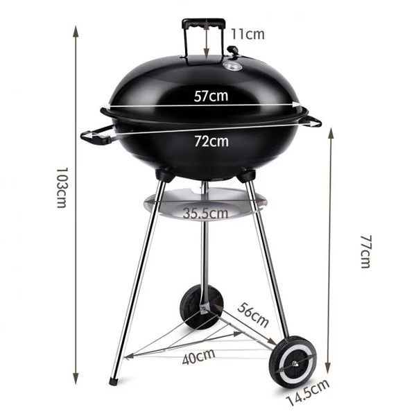Barbecue Charbon de Bois Rond Mobile Grill avec Couvercle et Roulettes en Émail Fer Acier, 57 x 57 x 98 cm, Noir