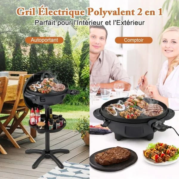 Barbecue Electrique 1 200W pour Intérieur et Extérieur Plaque de Cuisson Antiadhésive à 2 Zones Température Réglable Jardin Noir