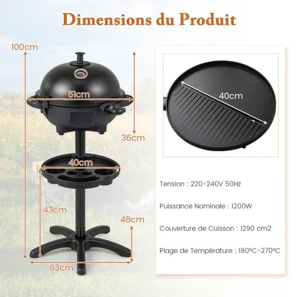 Barbecue Electrique 1 200W pour Intérieur et Extérieur Plaque de Cuisson Antiadhésive à 2 Zones Température Réglable Jardin Noir
