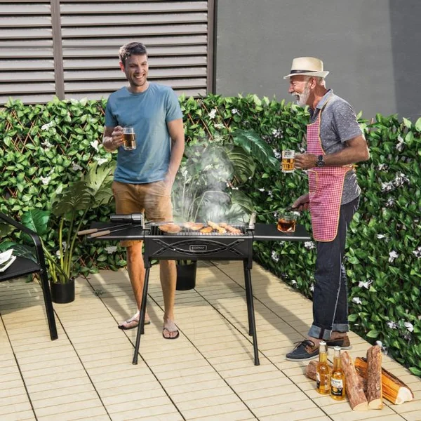 Barbecue à Charbon Bois avec Fourchette à Rôtir Electrique 2 Grilles de Cuisson Plateaux Latéraux Ajuatable Pieds Amovibles