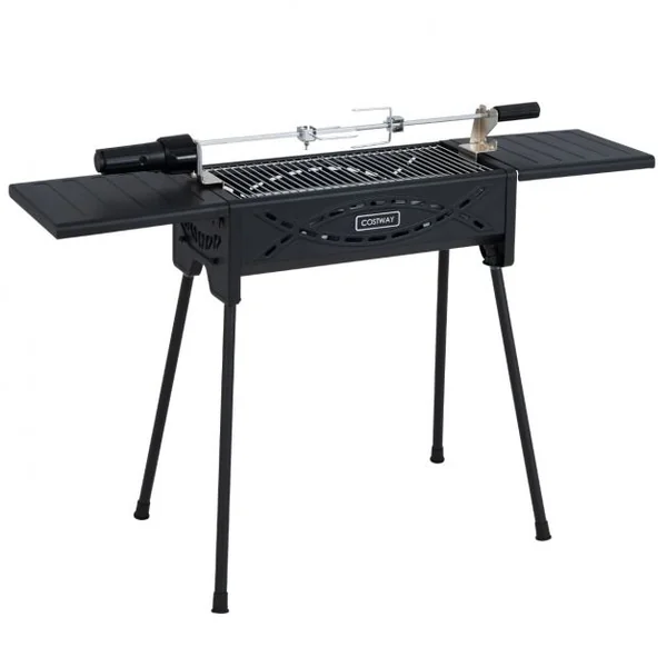 Barbecue à Charbon Bois avec Fourchette à Rôtir Electrique 2 Grilles de Cuisson Plateaux Latéraux Ajuatable Pieds Amovibles