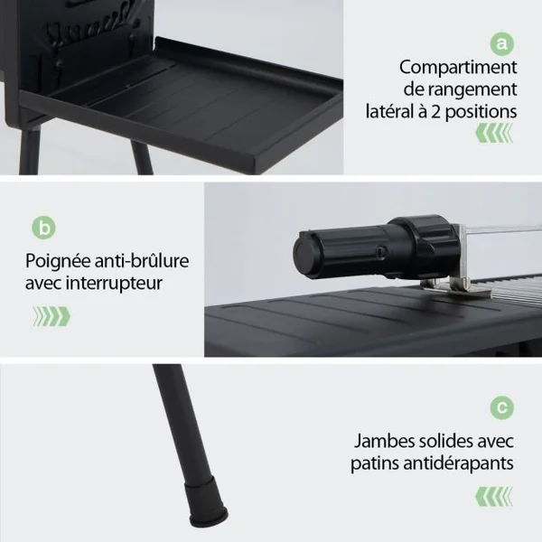 Barbecue à Charbon Bois avec Fourchette à Rôtir Electrique 2 Grilles de Cuisson Plateaux Latéraux Ajuatable Pieds Amovibles