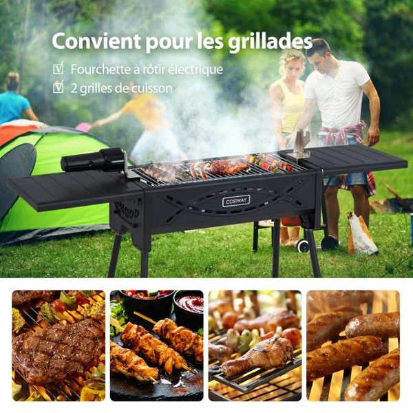 Barbecue à Charbon Bois avec Fourchette à Rôtir Electrique 2 Grilles de Cuisson Plateaux Latéraux Ajuatable Pieds Amovibles