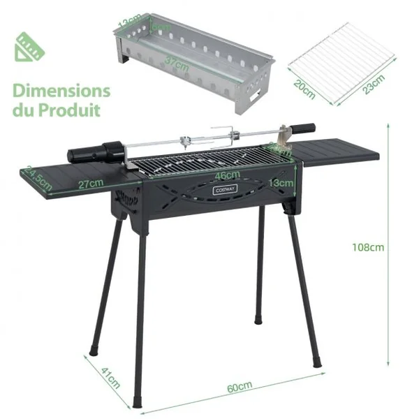 Barbecue à Charbon Bois avec Fourchette à Rôtir Electrique 2 Grilles de Cuisson Plateaux Latéraux Ajuatable Pieds Amovibles