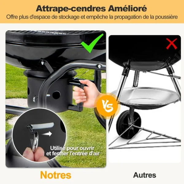 Barbecue à Charbon de Bois Extérieur de 56 cm Gril au Charbon de Bois Portable à 2 Niveaux avec Collecteur Cendres Grilles Roues, Grille et Élévateur de Grille