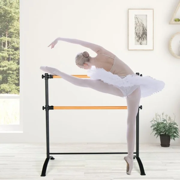 Barre de Danse Classique Double Autoportante 120 cm Hauteur Réglable Ø 38 mm en Bois de Hêtre Pose Libre pour Yoga Exercice Noir