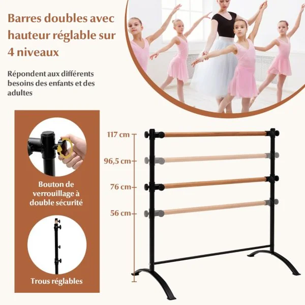 Barre de Danse Classique Double Autoportante 120 cm Hauteur Réglable Ø 38 mm en Bois de Hêtre Pose Libre pour Yoga Exercice Noir
