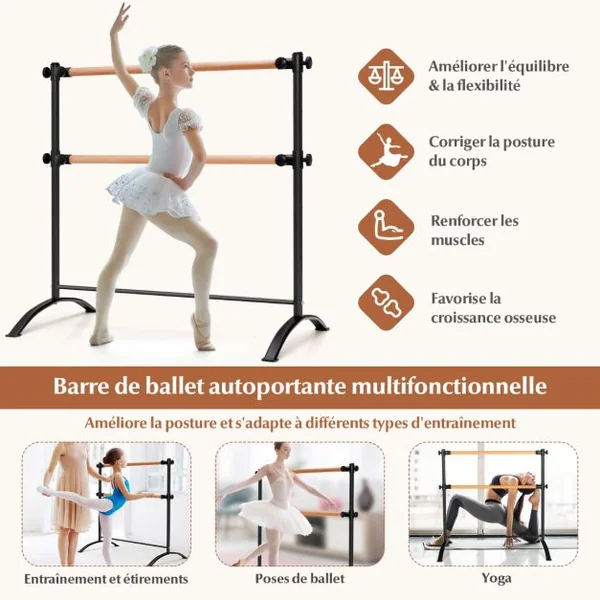 Barre de Danse Classique Double Autoportante 120 cm Hauteur Réglable Ø 38 mm en Bois de Hêtre Pose Libre pour Yoga Exercice Noir