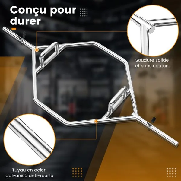 Barre de Piège Hexagonale Olympique d'Haltérophilie Charge 226KG Barre de Levage avec Poignées Moletées Plates ou Surélevées Entraînement de Squats Soulevés de Terre Argent