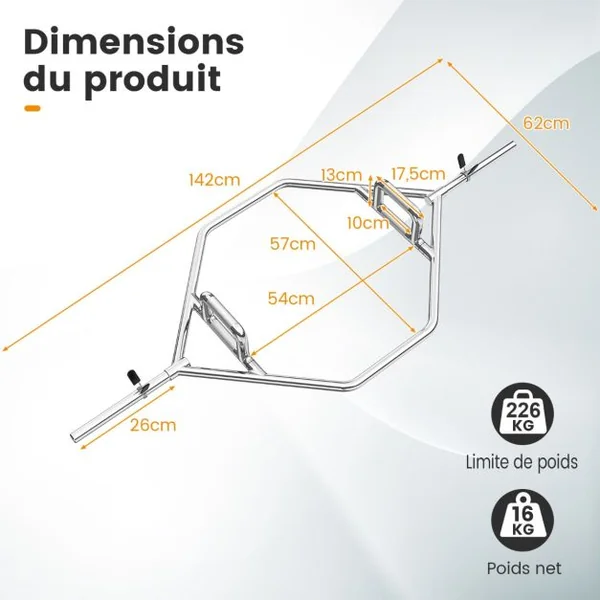 Barre de Piège Hexagonale Olympique d'Haltérophilie Charge 226KG Barre de Levage avec Poignées Moletées Plates ou Surélevées Entraînement de Squats Soulevés de Terre Argent