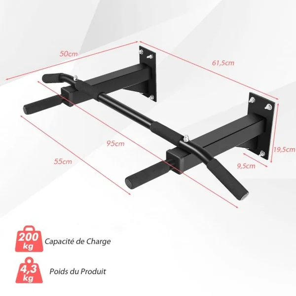 Barre de Traction pour Porte Murale Multiprises Poignées en Mousse Tubes en Acier avec Revêtement en Poudre Charge 200 kg
