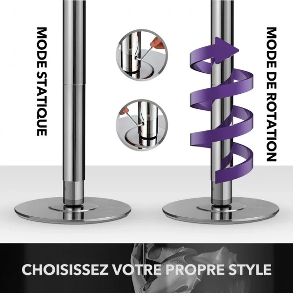 Barre Pôle de Danse 45 mm Hauteur Réglable 223~282cm Statique et Rotative en Chromé sans Perçage Charge Max. 200KG