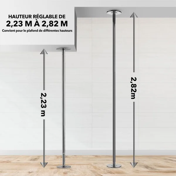 Barre Pôle de Danse 45 mm Hauteur Réglable 223~282cm Statique et Rotative en Chromé sans Perçage Charge Max. 200KG
