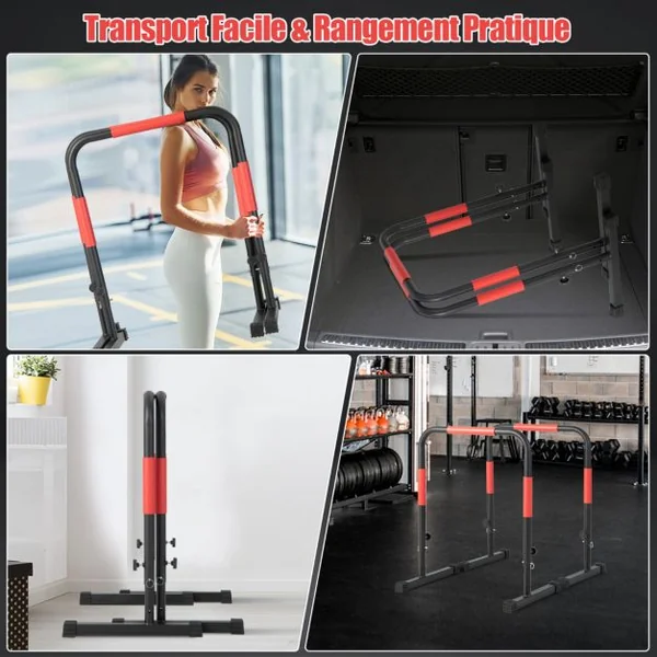 Barres de Dips Parallèles 3 Hauteurs Ajustables 6 Poignées Cadre en Acier Support 150kg 2 Fixations de Sécurité Noir