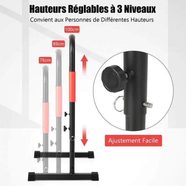 Barres de Dips Parallèles 3 Hauteurs Ajustables 6 Poignées Cadre en Acier Support 150kg 2 Fixations de Sécurité Noir