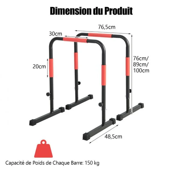 Barres de Dips Parallèles 3 Hauteurs Ajustables 6 Poignées Cadre en Acier Support 150kg 2 Fixations de Sécurité Noir