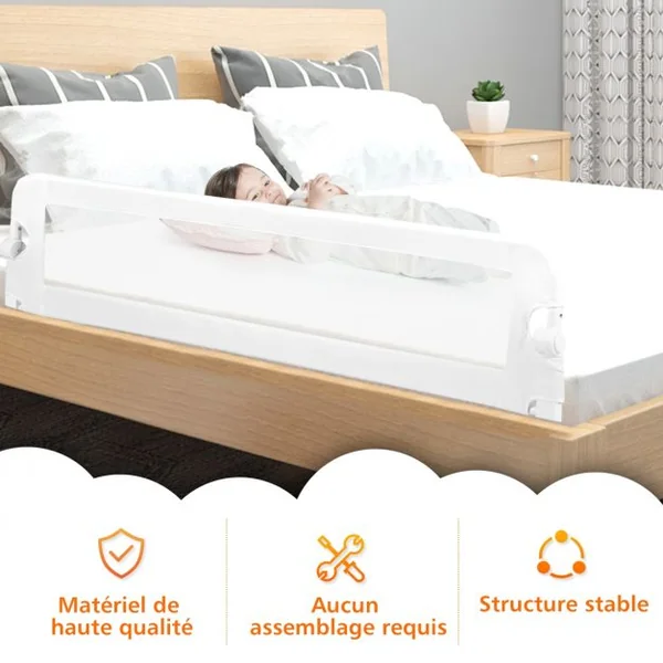 Barrière de Lit 150 CM pour Bébé Maillage Transparent Rabattable Portable Protection Bord de Lit 150x40,5x42cm Blanc