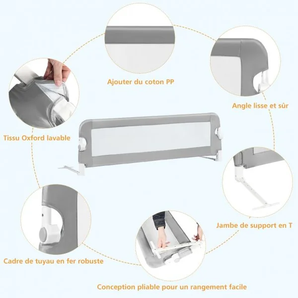 Barrière de Lit 150 CM pour Bébé Maillage Transparent Rabattable Portable Protection Bord de Lit 150x40,5x42cm Gris