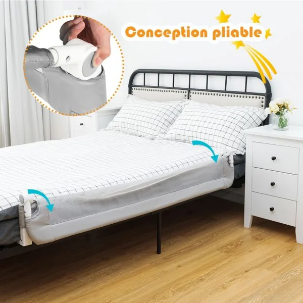 Barrière de Lit 150 CM pour Bébé Maillage Transparent Rabattable Portable Protection Bord de Lit 150x40,5x42cm Gris