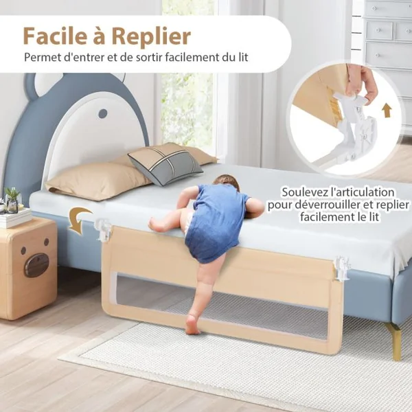 Barrière de Lit Bébé Sûre à Hauteur Ajustable avec Tissu en Maille Durable Ceinture de Fixation Beige