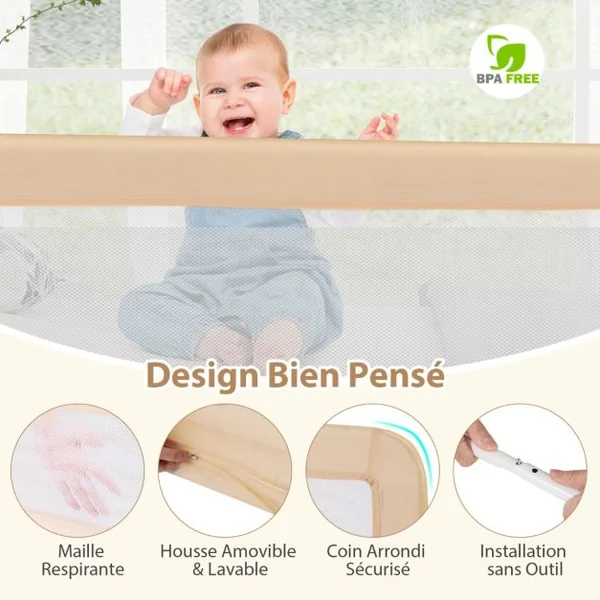 Barrière de Lit Bébé Sûre à Hauteur Ajustable avec Tissu en Maille Durable Ceinture de Fixation Beige