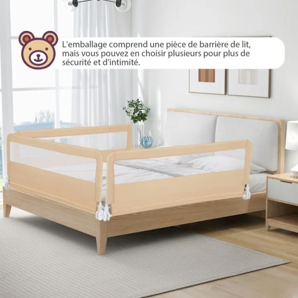 Barrière de Lit Bébé Sûre à Hauteur Ajustable avec Tissu en Maille Durable Ceinture de Fixation Beige