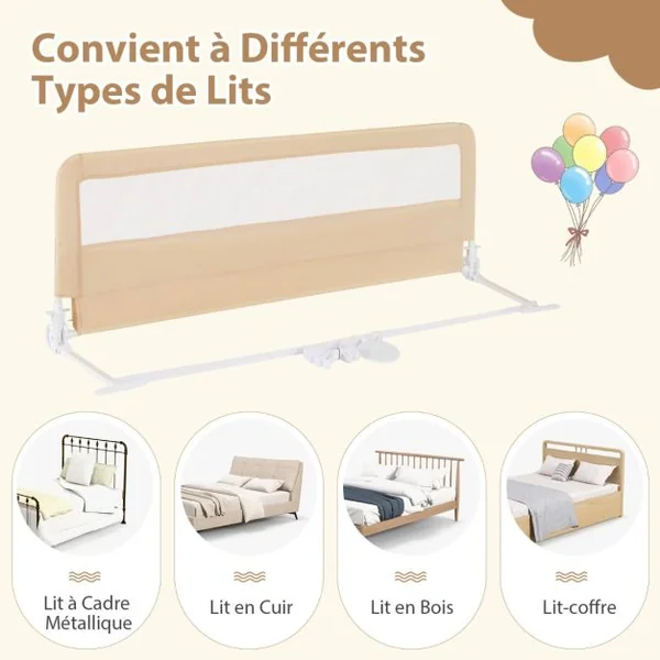 Barrière de Lit Bébé Sûre à Hauteur Ajustable avec Tissu en Maille Durable Ceinture de Fixation Beige