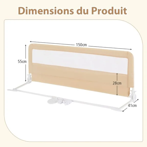 Barrière de Lit Bébé Sûre à Hauteur Ajustable avec Tissu en Maille Durable Ceinture de Fixation Beige