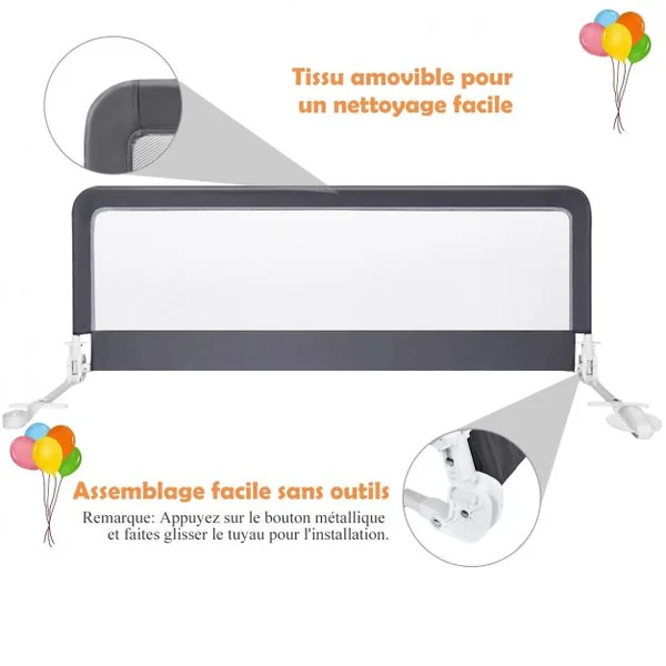 Barrière de Lit Bébé Sûre à Hauteur Ajustable avec Tissu en Maille Durable Ceinture de Fixation Gris