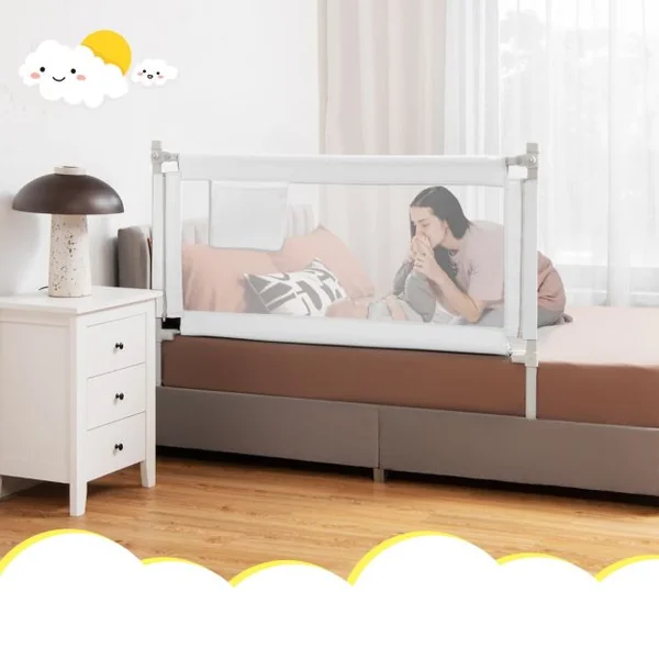 Barrière de Lit Enfants 145x25CM avec 24 Hauteurs Réglables(72,5-101,5) Barrière de Sécurité Pliable et Portable avec Poche de Rangement Blanc