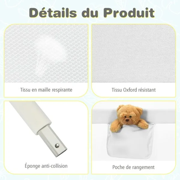 Barrière de Lit Enfants 145x25CM avec 24 Hauteurs Réglables(72,5-101,5) Barrière de Sécurité Pliable et Portable avec Poche de Rangement Blanc