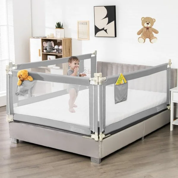 Barrière de Lit Enfants 145x25CM avec 24 Hauteurs Réglables(72,5-101,5) Barrière de Sécurité Pliable et Portable avec Poche de Rangement Gris