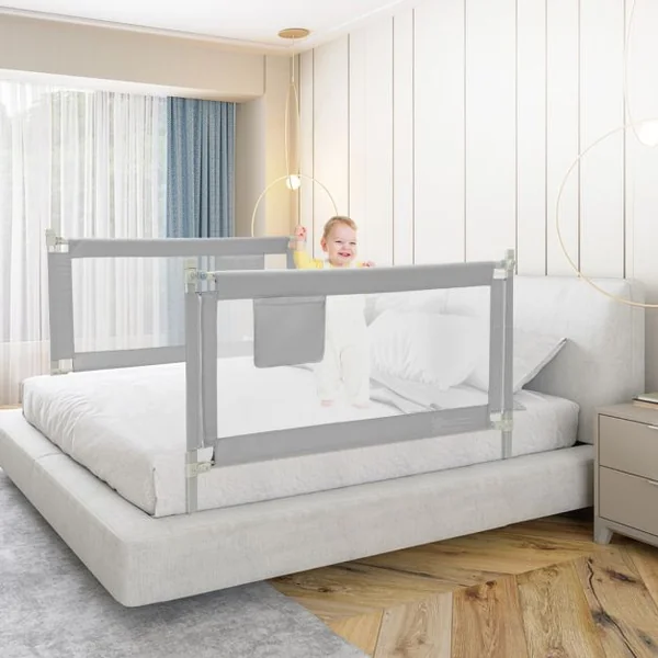 Barrière de Lit Enfants 145x25CM avec 24 Hauteurs Réglables(72,5-101,5) Barrière de Sécurité Pliable et Portable avec Poche de Rangement Gris