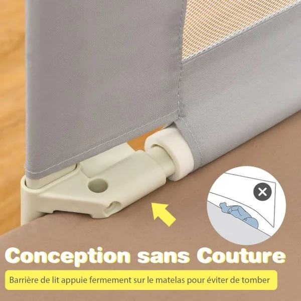 Barrière de Lit Enfants 145x25CM avec 24 Hauteurs Réglables(72,5-101,5) Barrière de Sécurité Pliable et Portable avec Poche de Rangement Gris