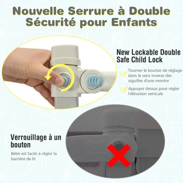 Barrière de Lit Enfants 145x25CM avec 24 Hauteurs Réglables(72,5-101,5) Barrière de Sécurité Pliable et Portable avec Poche de Rangement Gris
