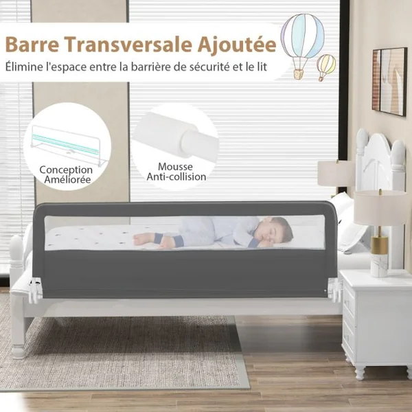 Barrière de Lit Enfants 180 x 56 cm avec Sangles Barrière de Sécurité Pliable avec Tissu en Maille Respisante Angle Réglable 0°à 180° Gris