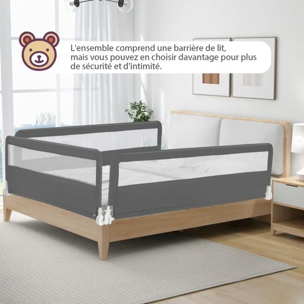 Barrière de Lit Enfants 180 x 56 cm avec Sangles Barrière de Sécurité Pliable avec Tissu en Maille Respisante Angle Réglable 0°à 180° Gris