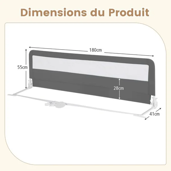Barrière de Lit Enfants 180 x 56 cm avec Sangles Barrière de Sécurité Pliable avec Tissu en Maille Respisante Angle Réglable 0°à 180° Gris