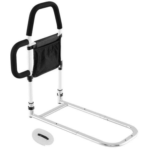 Barrière de Lit Médical pour Personnes gées Double Main Courante Barrière Anti-Chute pour avec Poche de Rangement Sangle de Fixation Blanc