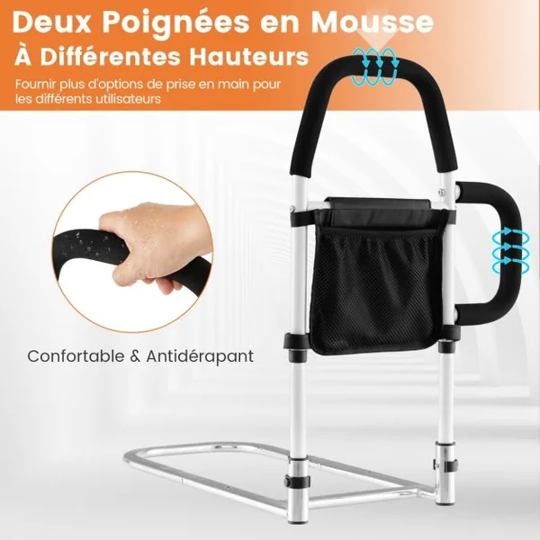 Barrière de Lit Médical pour Personnes gées Double Main Courante Barrière Anti-Chute pour avec Poche de Rangement Sangle de Fixation Blanc