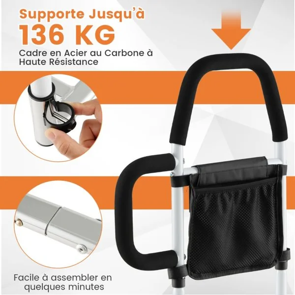 Barrière de Lit Médical pour Personnes gées Double Main Courante Barrière Anti-Chute pour avec Poche de Rangement Sangle de Fixation Blanc