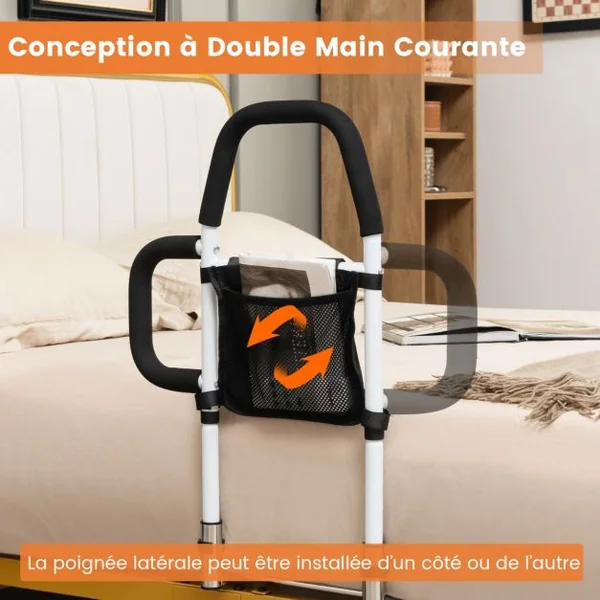Barrière de Lit Médical pour Personnes gées Double Main Courante Barrière Anti-Chute pour avec Poche de Rangement Sangle de Fixation Blanc