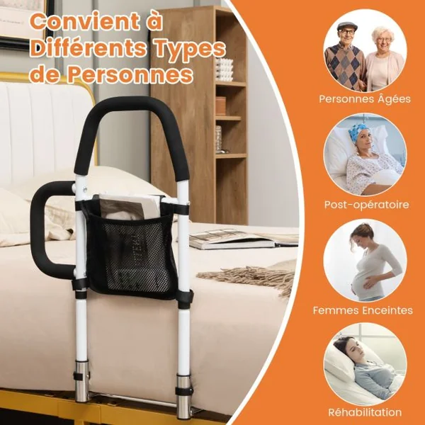 Barrière de Lit Médical pour Personnes gées Double Main Courante Barrière Anti-Chute pour avec Poche de Rangement Sangle de Fixation Blanc