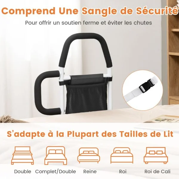Barrière de Lit Médical pour Personnes gées Double Main Courante Barrière Anti-Chute pour avec Poche de Rangement Sangle de Fixation Blanc
