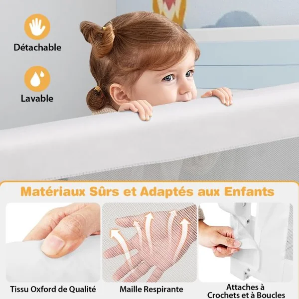Barrière de Lit Pliable avec Housse en Tissu Oxford Détachable pour Lit de Bébé Lit Simple Double Queen et King Size Gris/Blanc/Gris Foncé