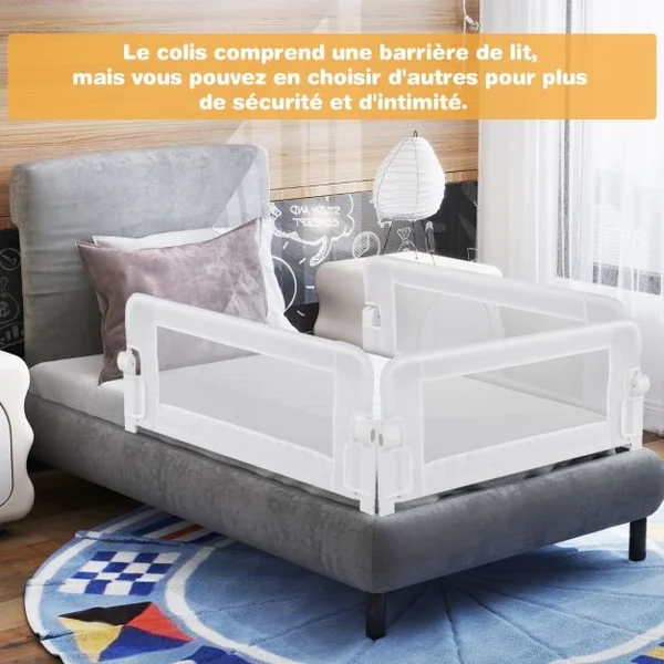 Barrière de Lit Pliable avec Housse en Tissu Oxford Détachable pour Lit de Bébé Lit Simple Double Queen et King Size Gris/Blanc/Gris Foncé