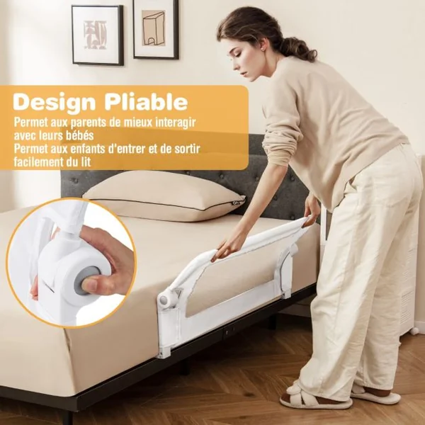 Barrière de Lit Pliable avec Housse en Tissu Oxford Détachable pour Lit de Bébé Lit Simple Double Queen et King Size Gris/Blanc/Gris Foncé