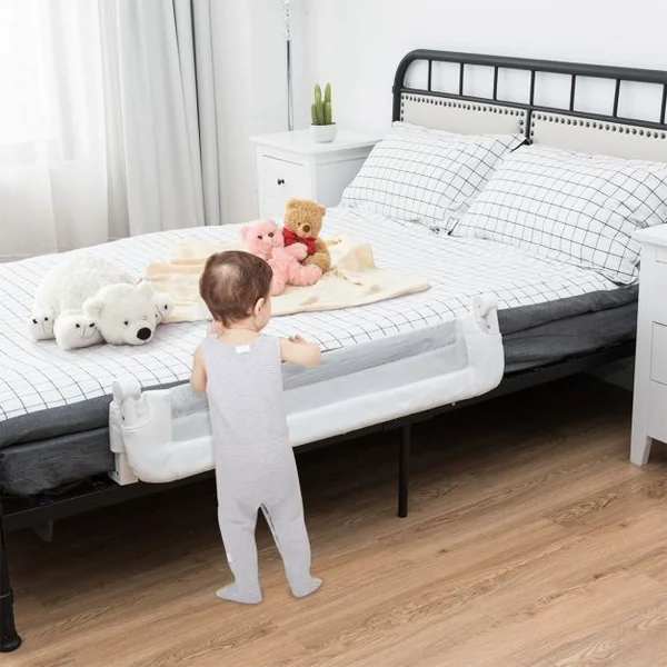 Barrière de Lit Pliable pour Bébé / Enfant Angle 0°-180° avec Mousse Souple en Tissu Oxford Fer PP 105x40x42cm Blanc