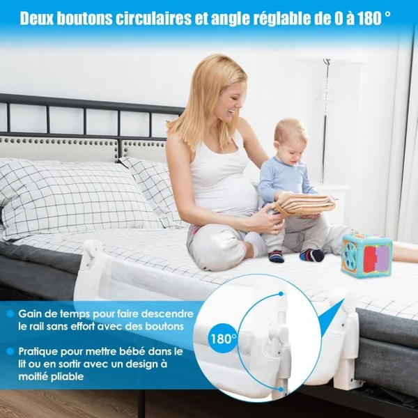 Barrière de Lit Pliable pour Bébé / Enfant Angle 0°-180° avec Mousse Souple en Tissu Oxford Fer PP 105x40x42cm Blanc